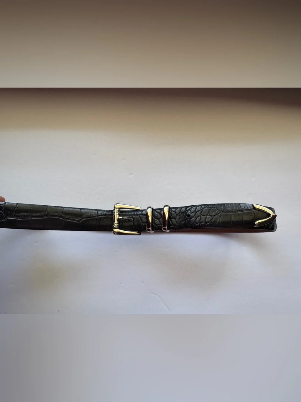 Handmade Italian Genuine Leather Croc Embossed Belt Black Gold Tone Buckle Sz 36